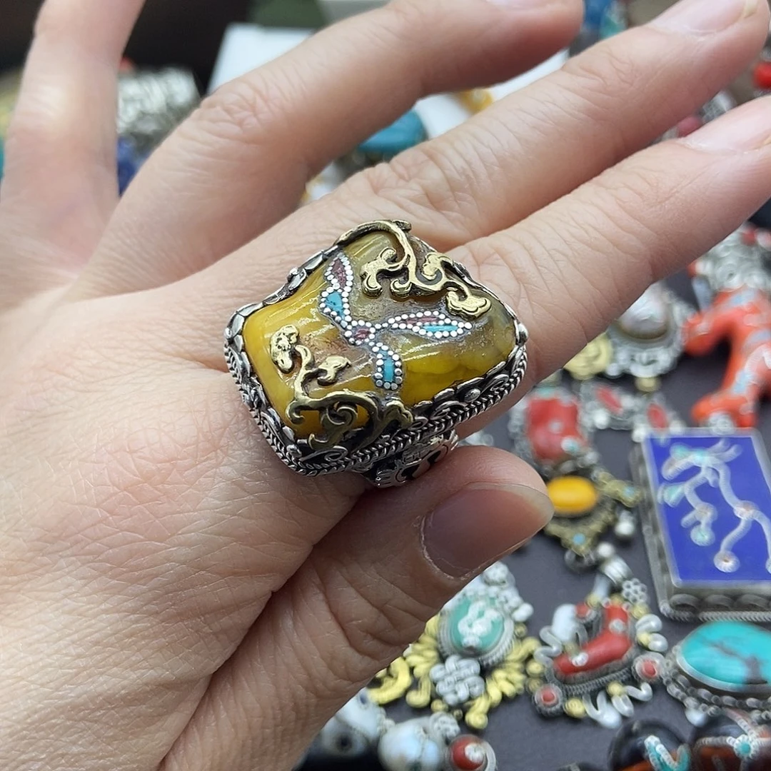 蜜蜡银S925镶嵌戒指坤尼泊尔手工制作