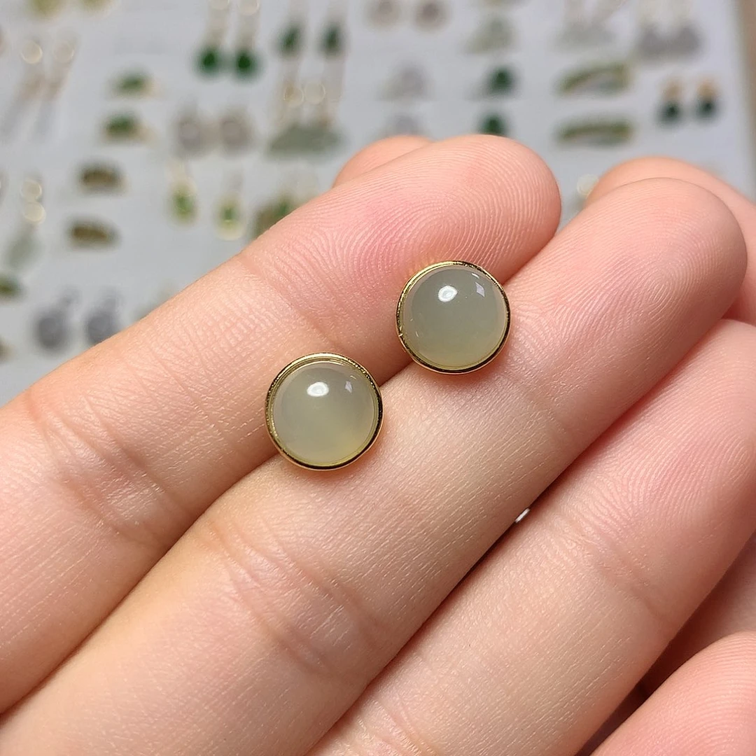 银S925镀金镶嵌和田玉（青白玉）耳饰