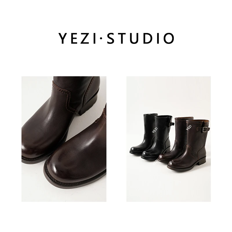 【城市半靴】植鞣小牛皮英伦风做旧机车褶皱厚底中筒骑士靴25349035