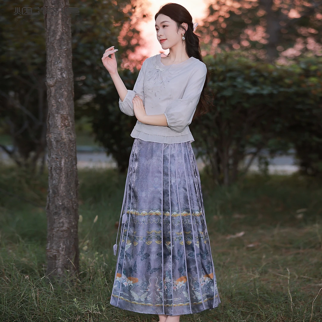 烟花烫国风新中式马面裙套装女 2025春季新款衬衫半身裙 新晋晋新