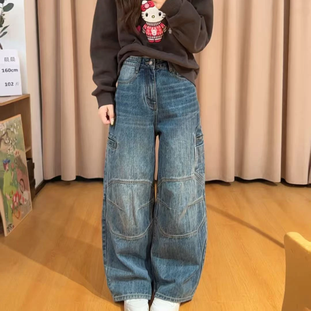 85483余小鱼【解构牛仔】复古蓝侧边口袋高腰褶皱设计工装裤女装