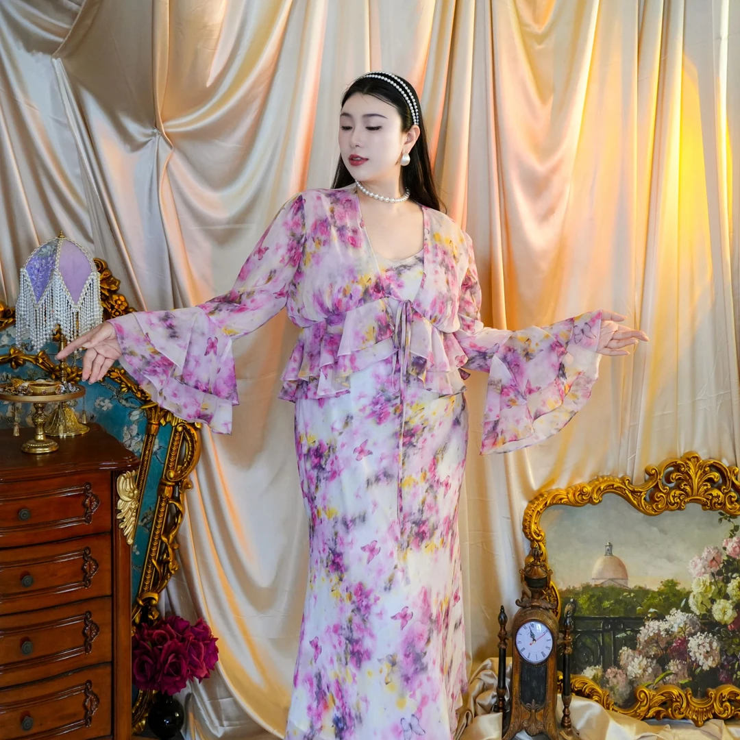 【仟艺】【花漾洛神】大码高级感法式复古印花两件套性感吊带包臀鱼尾