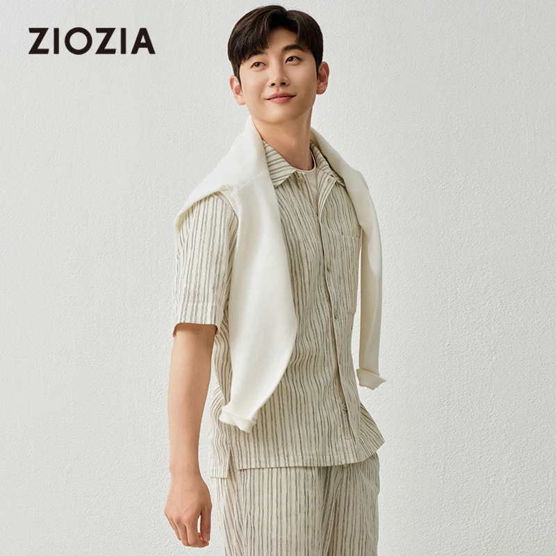 【时尚感】ZIOZIA通勤男装25夏条纹褶皱感休闲短袖衬衫ZWAE2618A