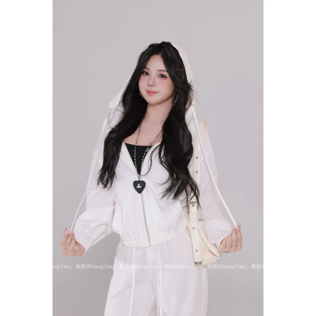 现货萌面侠【素白闲影】宽松连帽白色短外套高腰白长裤5764M5772M