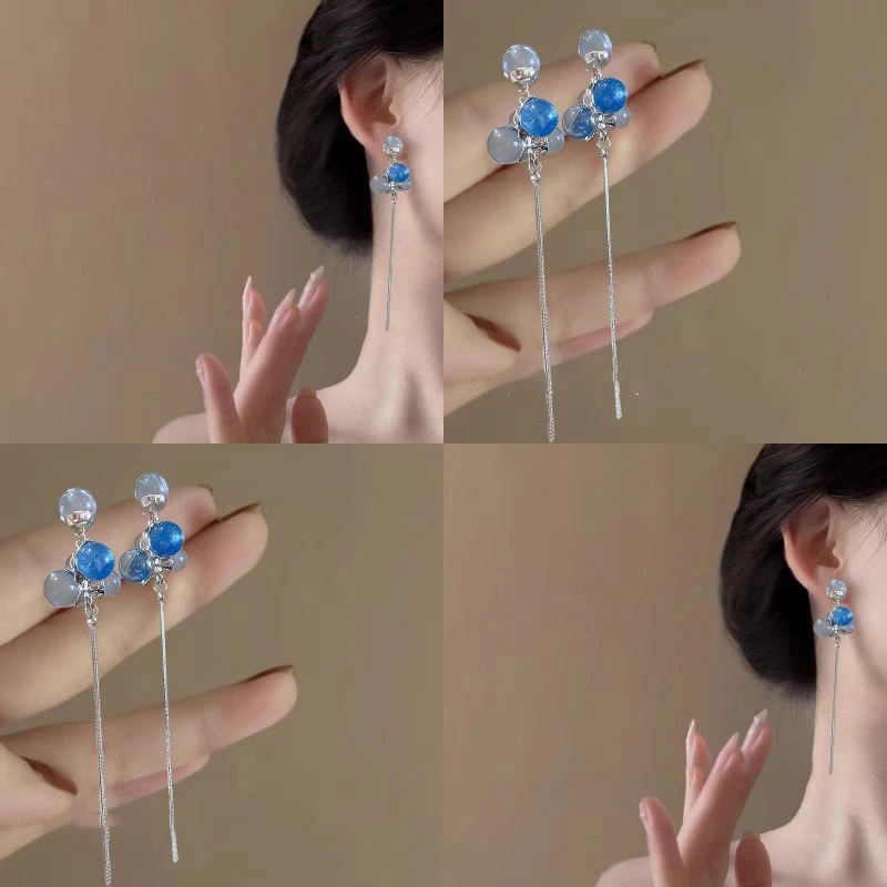 泡泡甜酒！蓝色圆球流苏耳环！度假氛围感耳钉法式小众质耳饰3202