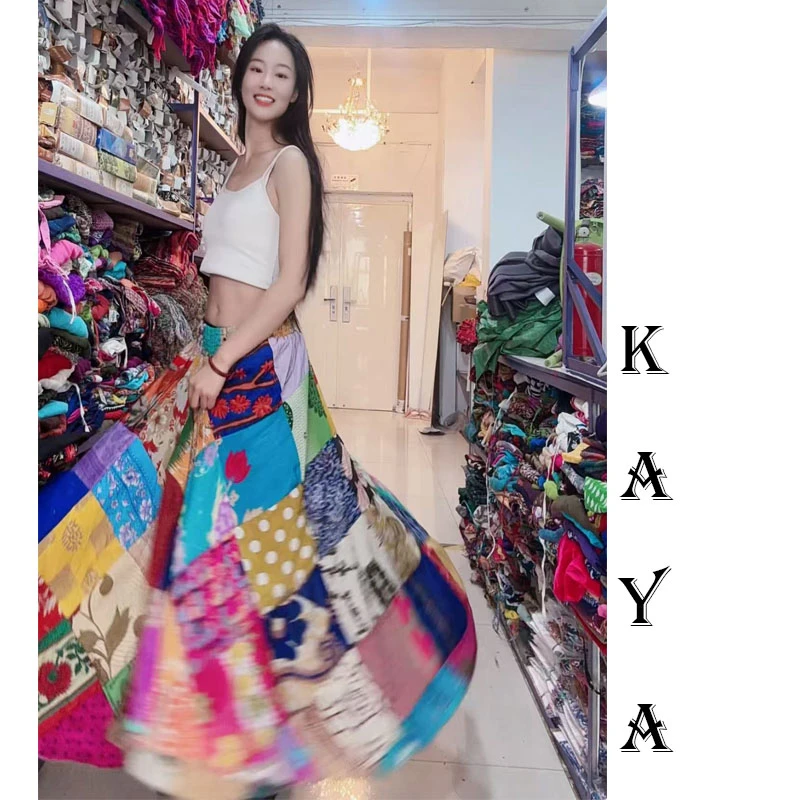 丝质手工拼接彩虹拼布百家布拼接吉普赛大摆裙