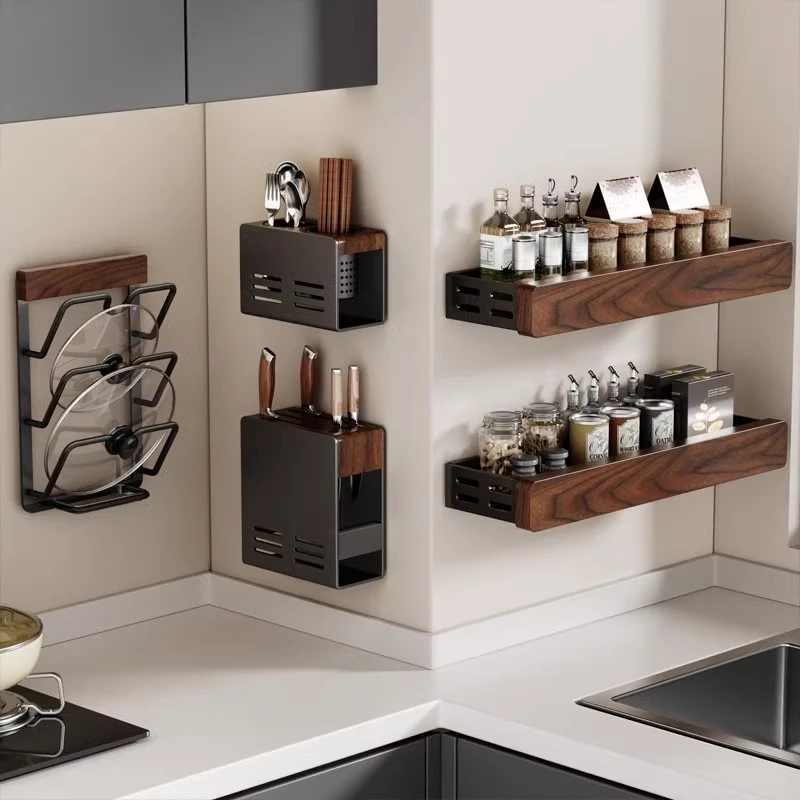 CMEO胡桃木厨房置物架壁挂调味料用品挂钩锅盖刀架厨房收纳置物架