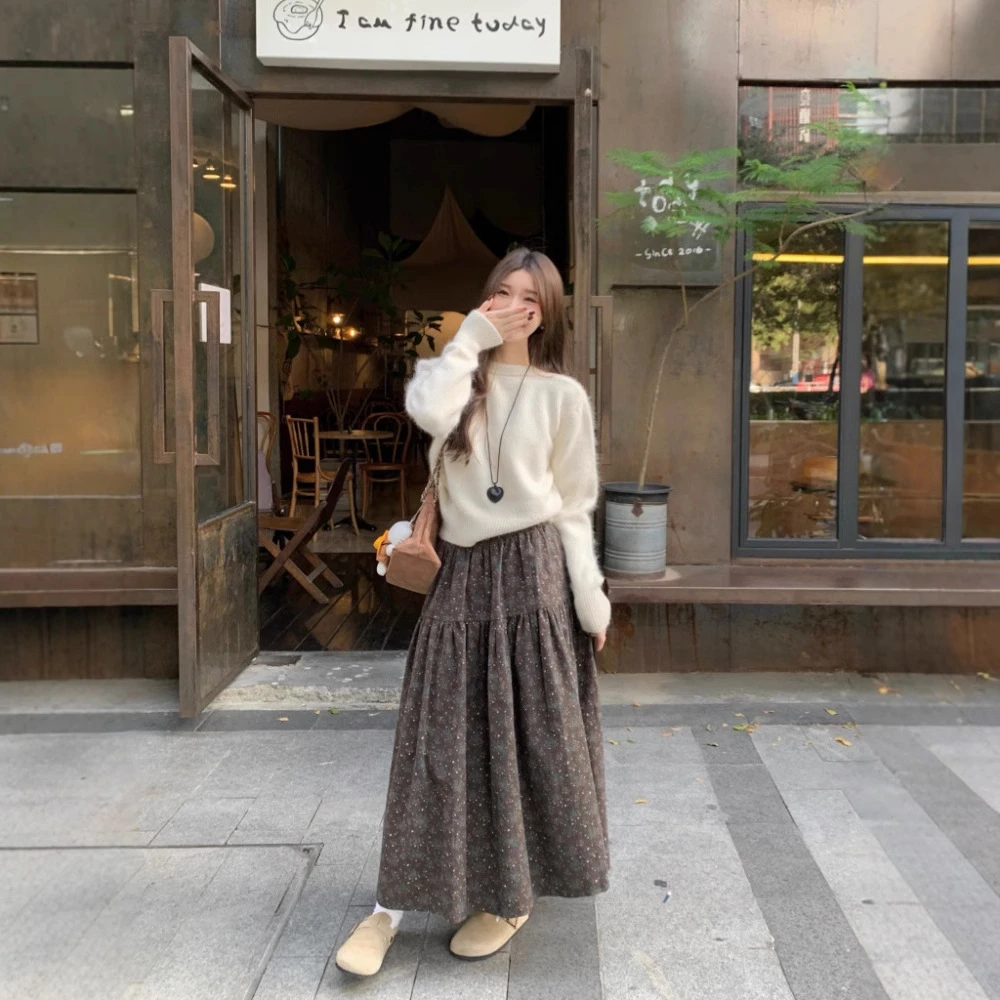 半裙子春季中长裙半身裙A字裙韩系中裙腰裙温柔风宽松半腰裙复古