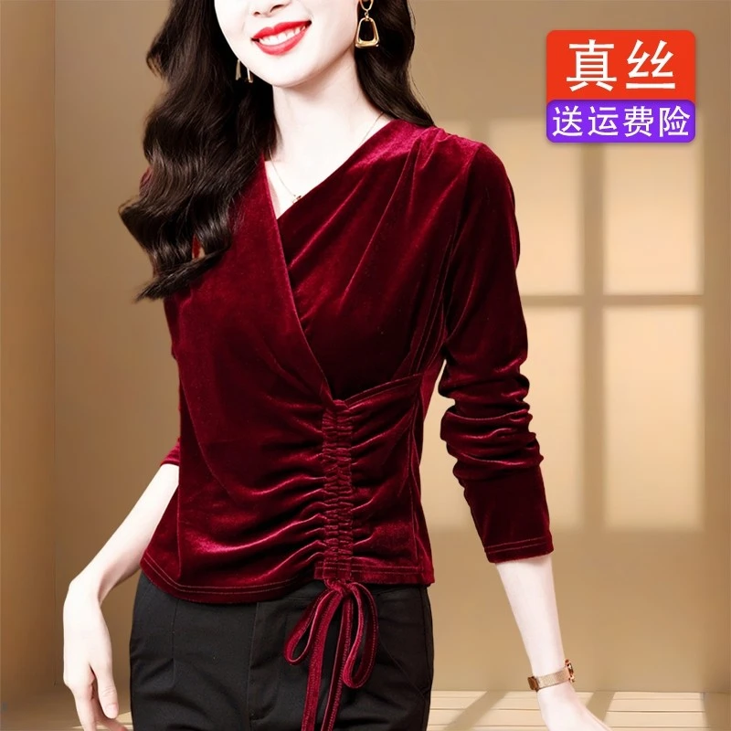 杭州高端大牌真丝金丝绒衬衫女士长袖小衫洋气抽绳时尚桑蚕丝上衣