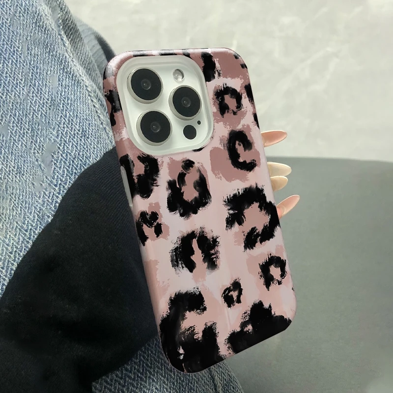 艺术豹纹双层菲林壳适用于苹果16手机壳爱心ins卡通透明全包可