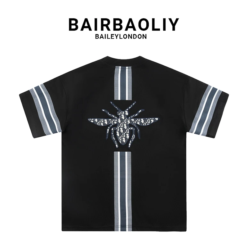 BAIRBAOLIY刺绣蜜蜂条纹字母提花高奢精致短袖T恤男装高货品质