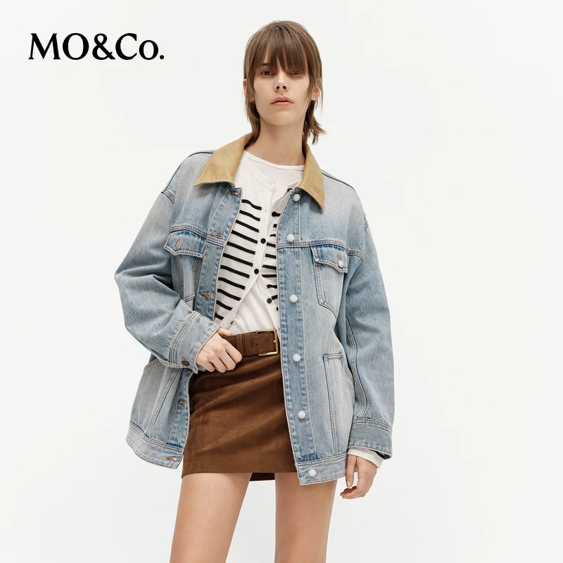 MOCO夹克2025春新品棉质素皮领宽松美式复古牛仔外套MBE1JKTT01