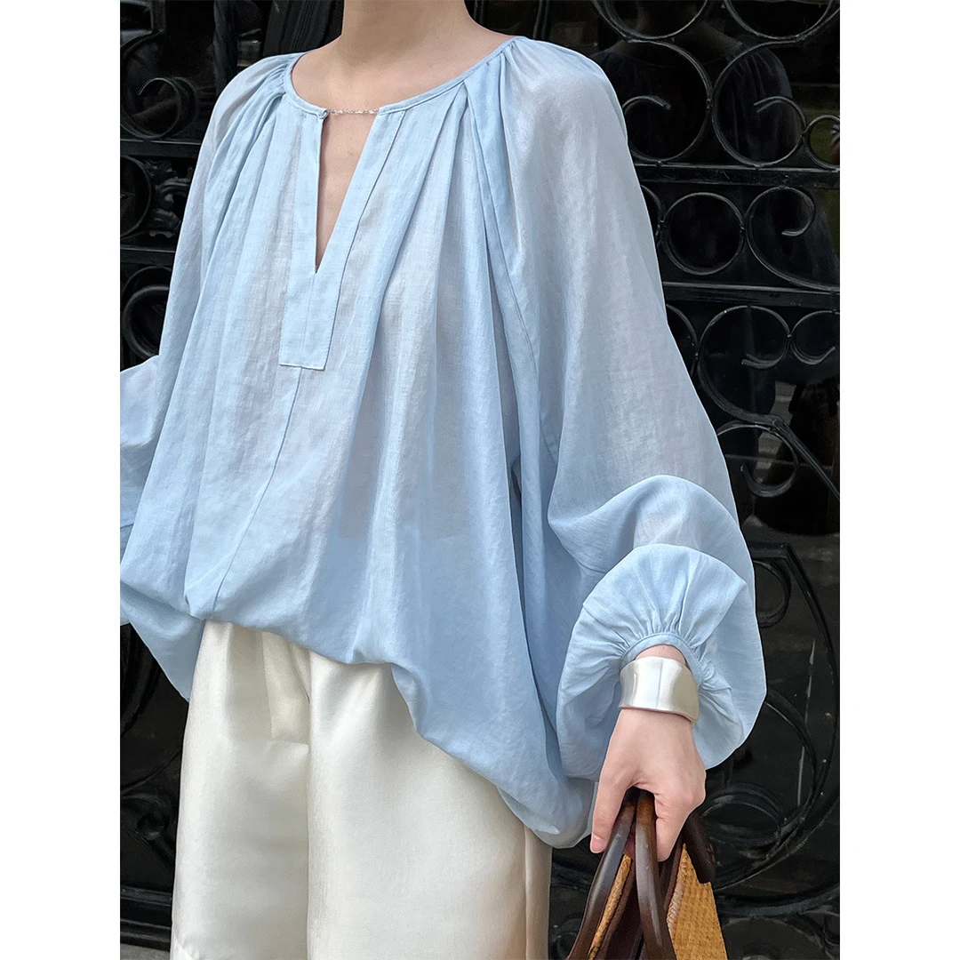 鹿西 法式双V领链条设计感灯笼袖2024夏季新款微透衬衫5063