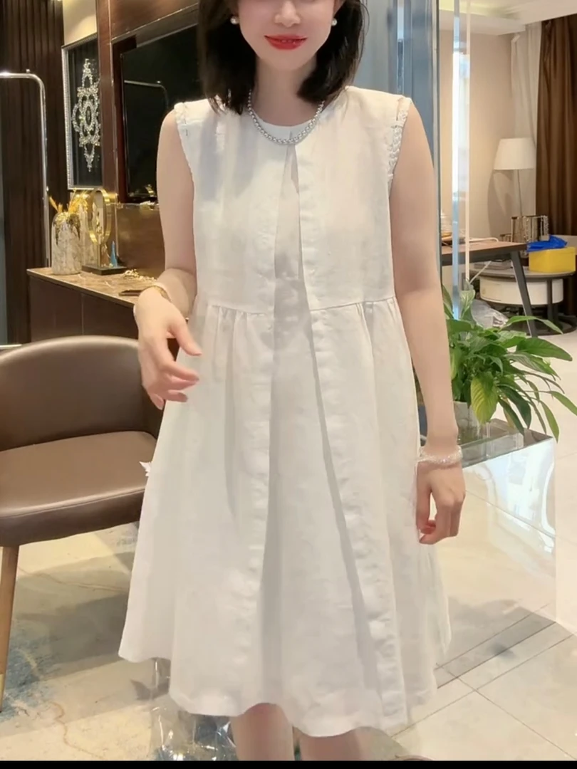 夏季新款时尚麻辫拼接无袖圆领棉麻连衣裙洋气减龄宽松显瘦中长裙