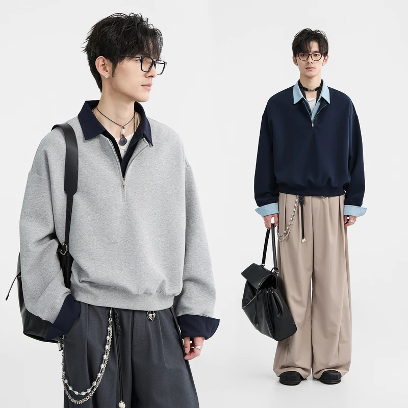 [彬彬专属]撞色衬衫领假两件春季cleanfit套头半拉链卫衣N511027