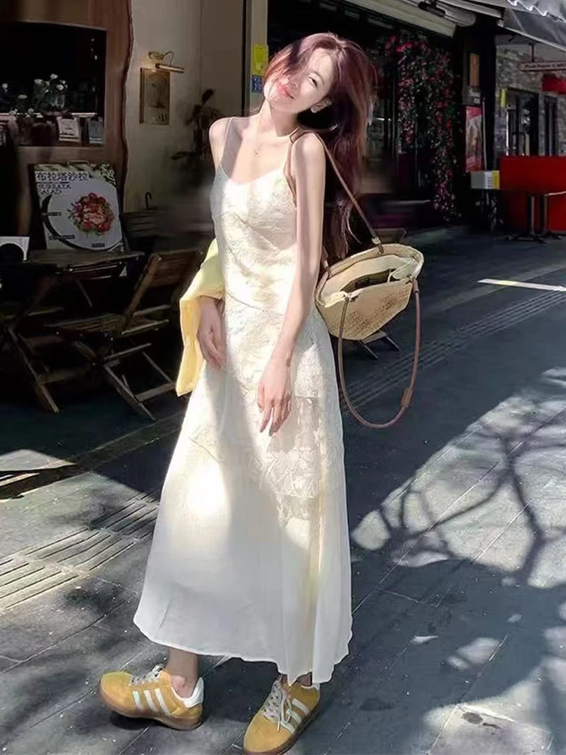 【全额运补】法式温柔风蕾丝v领无袖吊带连衣裙女夏季收腰长裙裙子