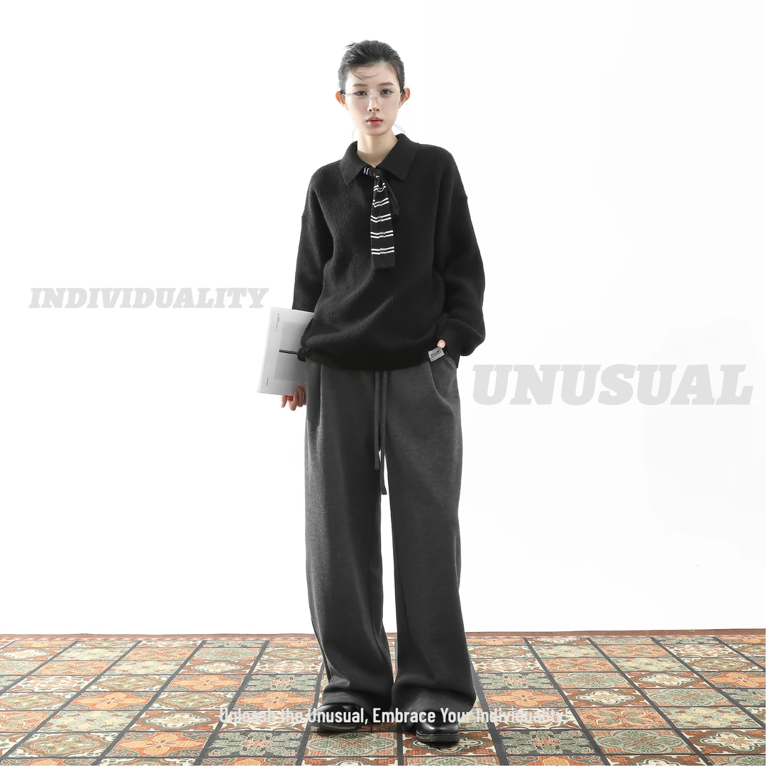 Unusual秋冬羊毛醋酸卫裤口粮神裤A字阔腿微喇磨毛cleanfit休闲裤