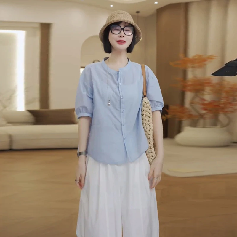 气质圆领单排扣蓝色衬衫女夏季韩版薄款休闲短袖衬衣显瘦简约上衣