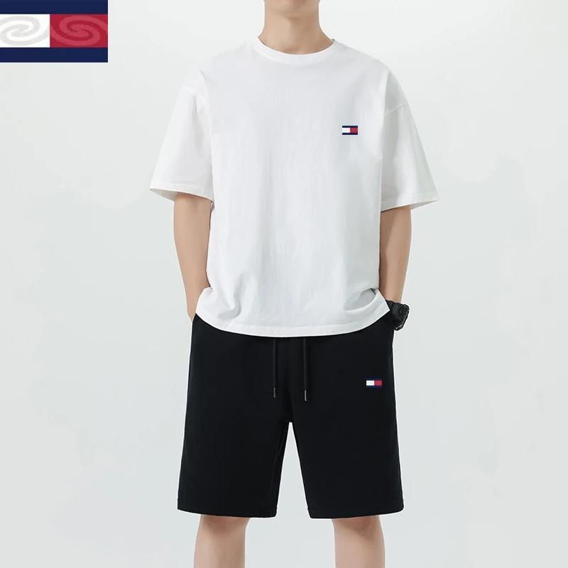 霍斯汤米运动套装男夏季短袖t恤纯棉圆通百搭情侣宽松五分裤子男