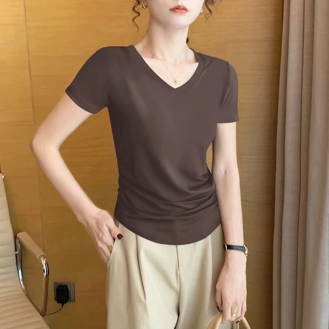 莫代尔v领短袖t恤女夏季2025新款设计款小众修身冰丝薄款半袖上衣