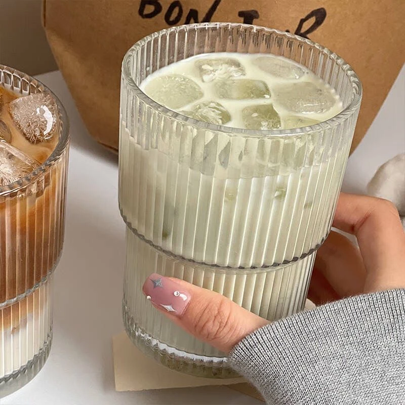 竖条纹家用ins风玻璃杯冰美式牛奶拿铁杯高颜值家用女喝水杯子