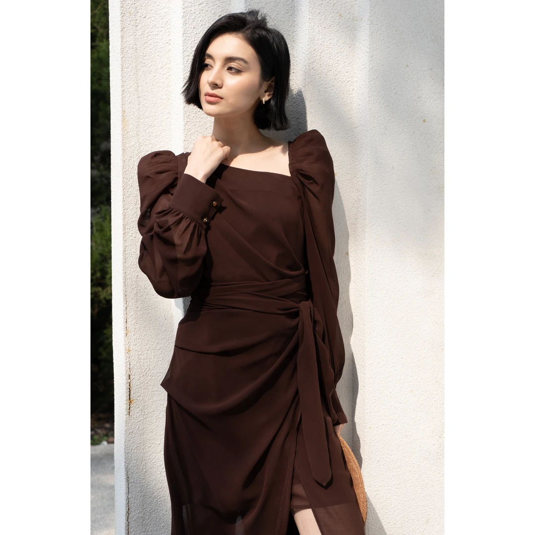 【恼春风】法式浪漫设计感乔其纱交叉绑带超仙气泡泡袖长连衣裙