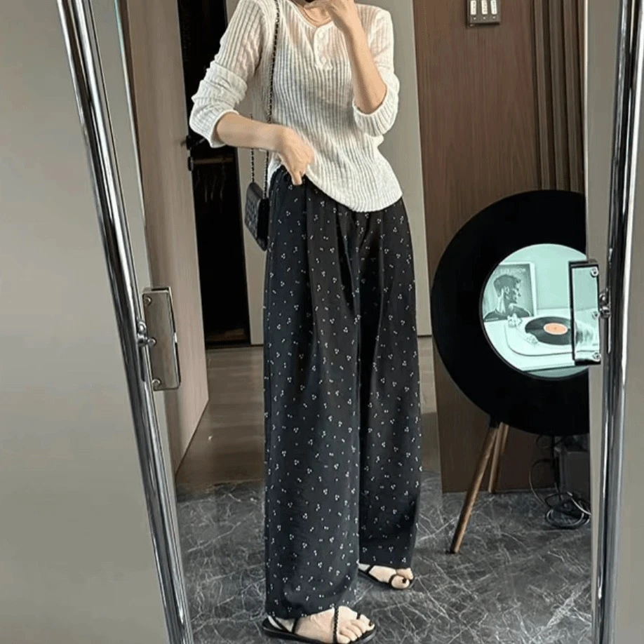 夏季轻薄冰感丝滑黑色高腰女士休闲裤透气舒适宽松休闲直筒裤