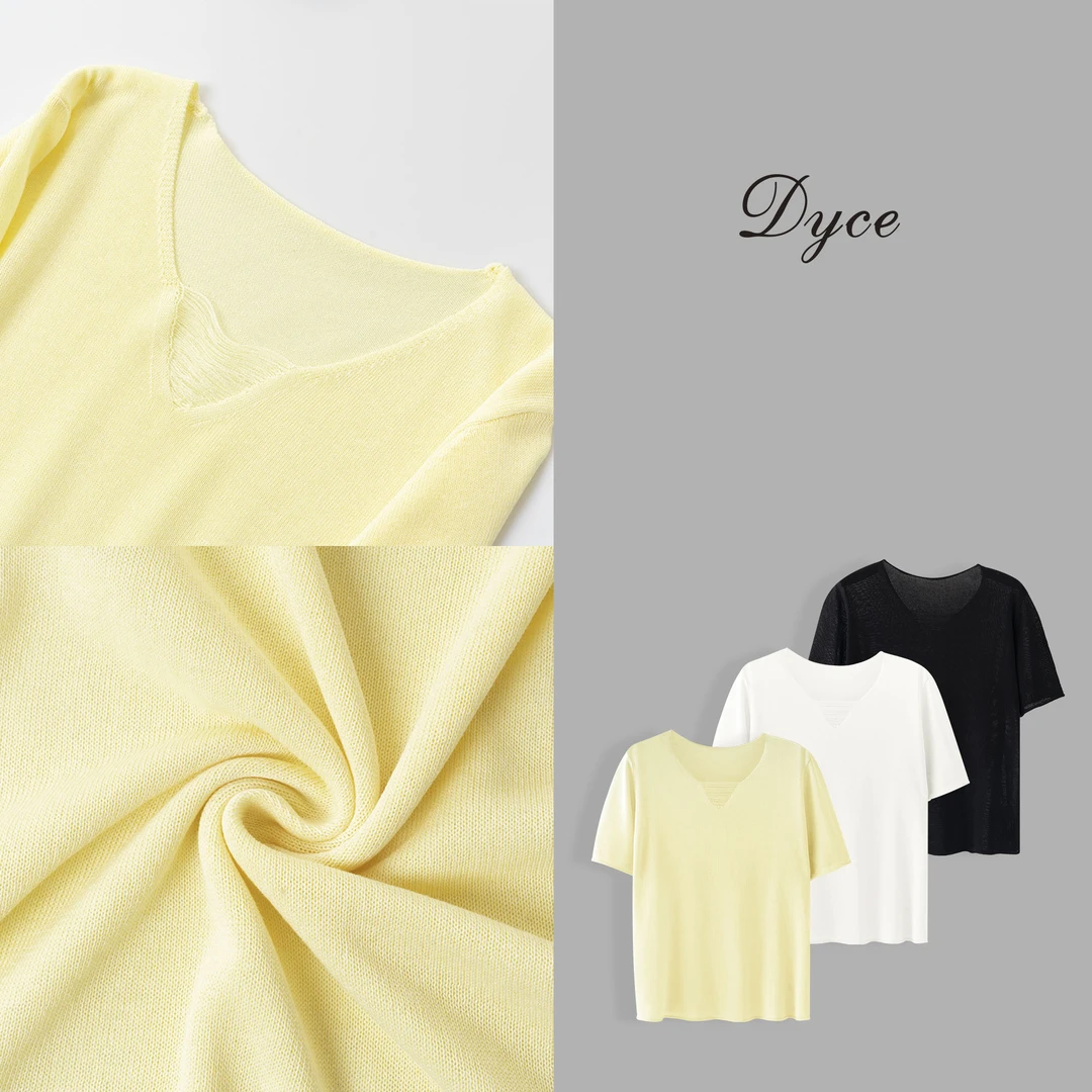 DYCE【柠夏】亚麻莱赛尔流苏须V领透气纯色宽松短袖毛针织短袖