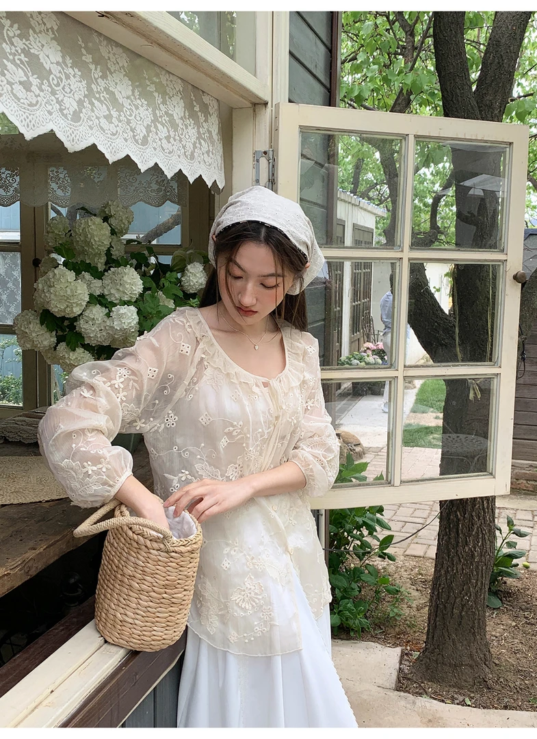 【你好卡农-蕾子】法式镂空刺绣花边薄开衫吊带两件套KS24Z3570D