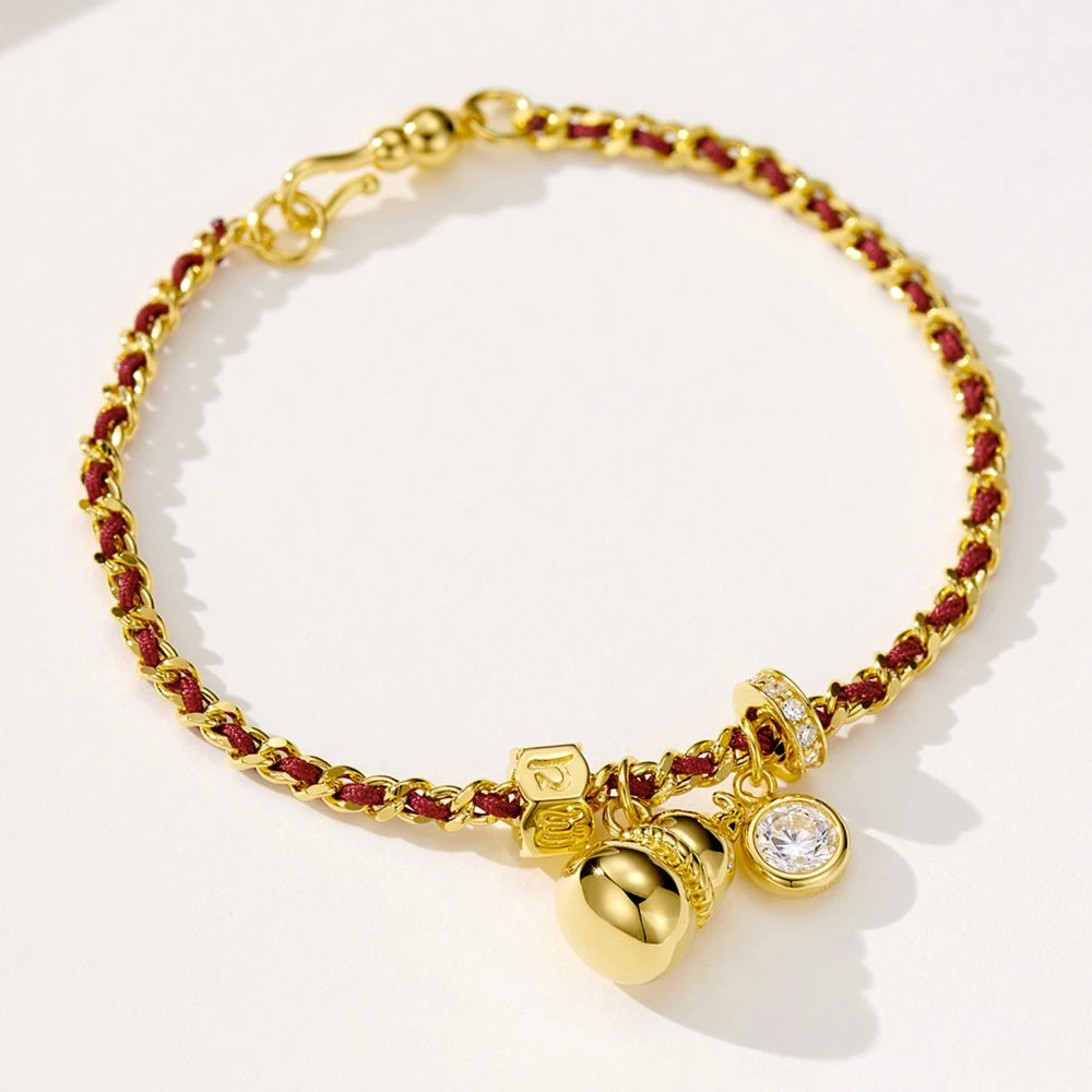 925银合成锆石手链 【施生生珠宝】S925银金色精致葫芦红绳手链