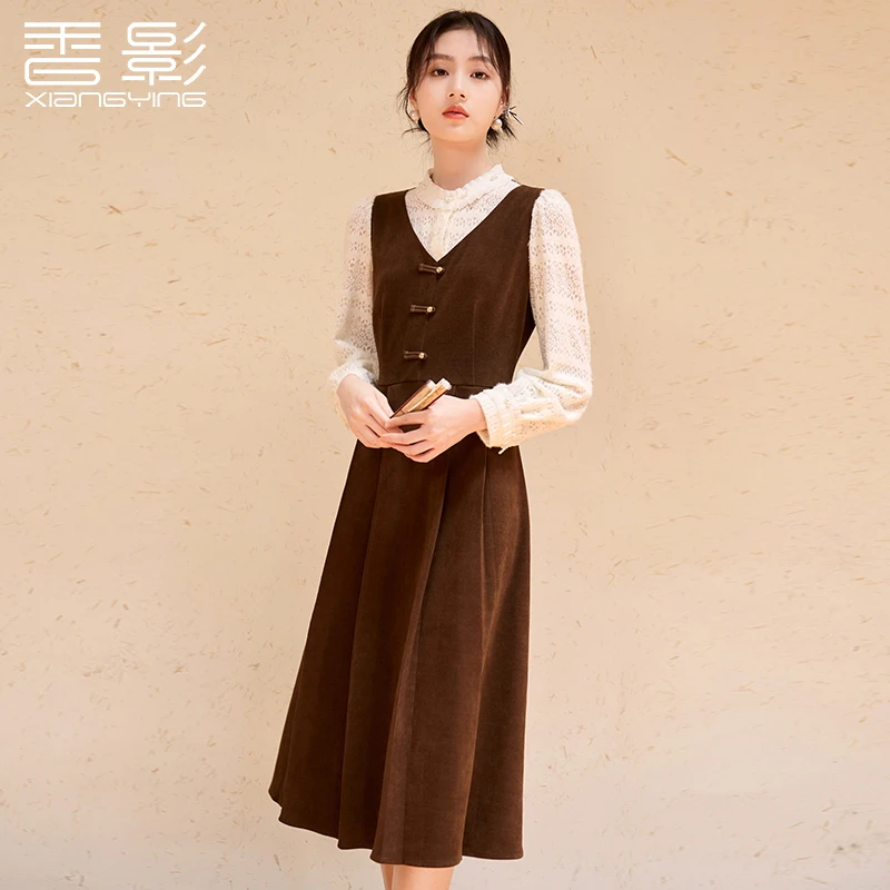 Q844318连衣裙 香影假两件连衣裙女长袖2024秋冬季新款蕾丝