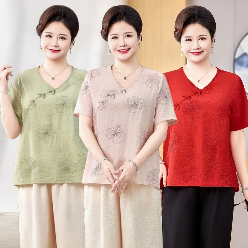 120-240斤特大码妈妈装夏季新中式国风款圆领短袖T恤中老年女上衣