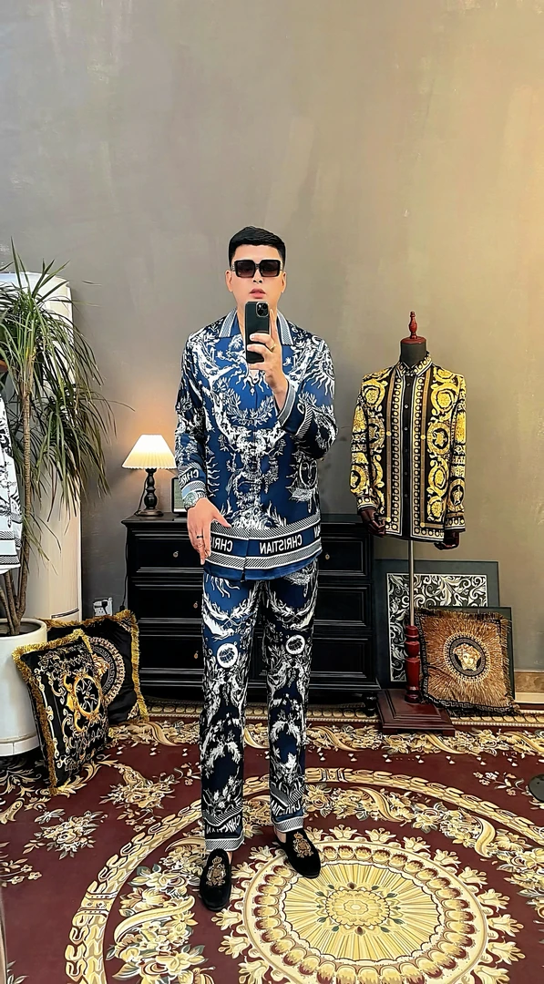 巴洛克-玫瑰贡缎长袖长裤套装轻奢时尚情侣款家居服饰可外穿！