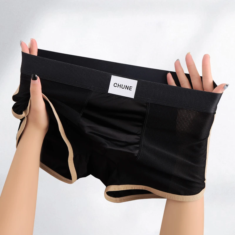 MICKYFAIRY缎面凉感透气平角短裤青年中腰男士冰丝内裤男款空调裤