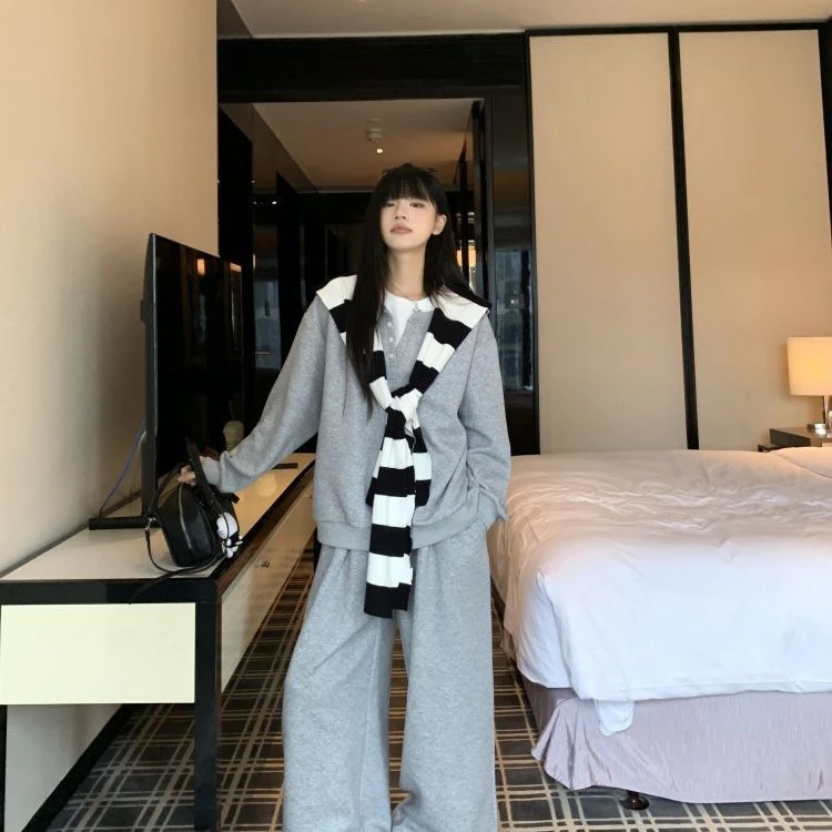 6015#韩系时尚大码披肩长袖卫衣长裤套装女秋冬慵懒风