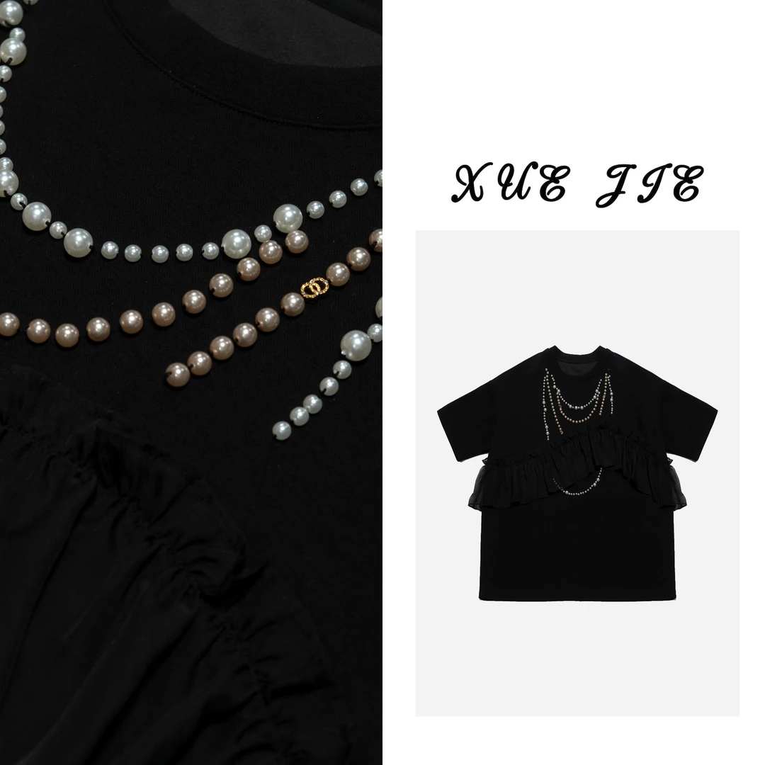 逸焰【雪姐掌上明珠】-69070手工串珠春夏拼接荷叶蕾丝圆五分袖T恤