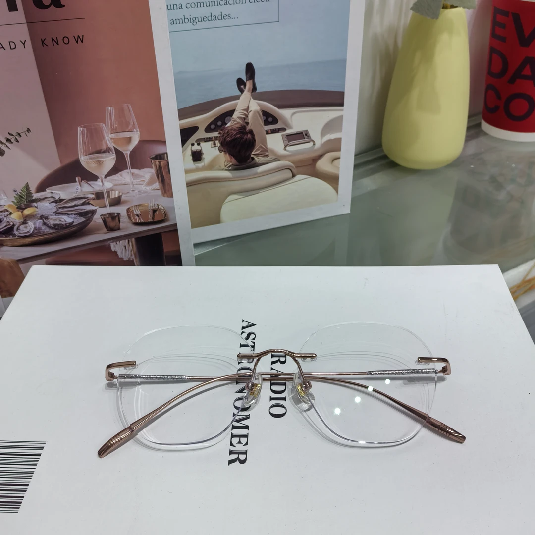 纯钛无边框眼镜复古大脸显瘦素颜修颜眼镜防蓝光金丝眼镜闪闪镜腿