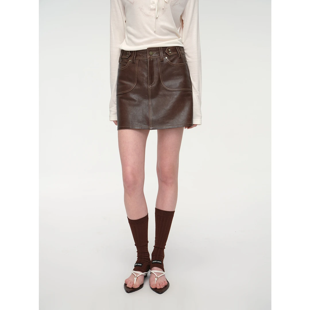 [时髦搭子]付智恩 休斯顿街区 复古油蜡绵羊皮短款半身裙