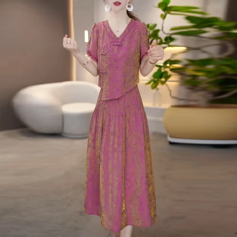 设计感气质假俩件新中式简约连衣裙2025夏新款修身显瘦中长款裙子