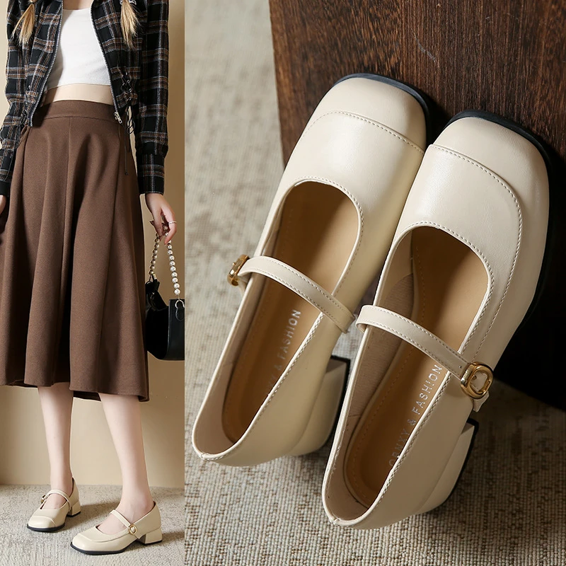 软皮法式玛丽珍鞋女棕色中跟百搭真皮小皮鞋方头单鞋奶奶鞋女款