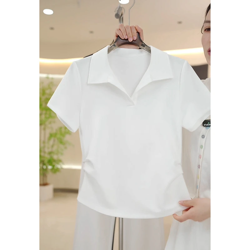 白色正肩显瘦上衣女2025夏季新款时尚休闲小个子掐腰显瘦短袖T恤