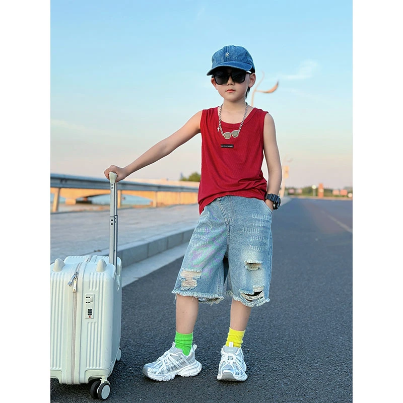 男童个性潮流百搭简约无袖背心中大童休闲痞帅破洞牛仔短裤两件套