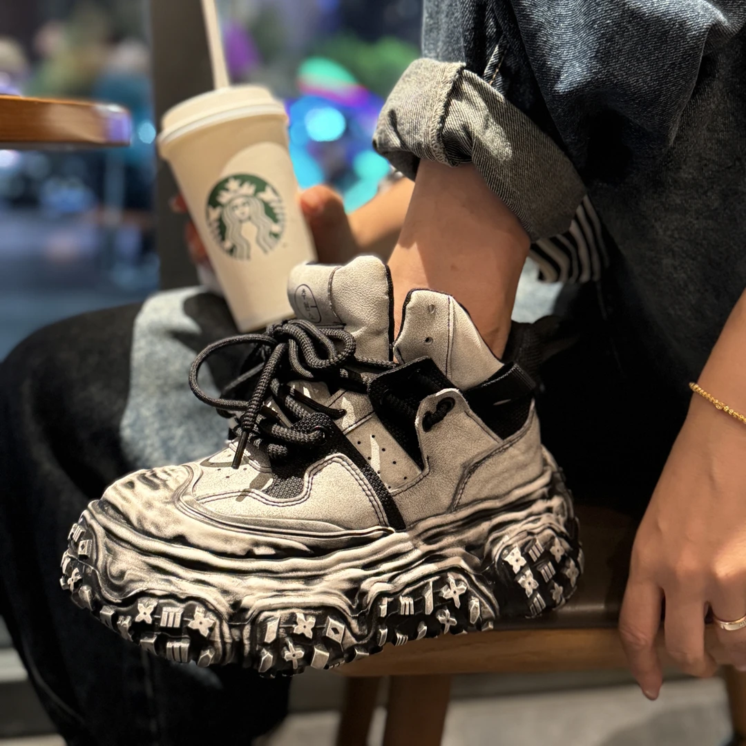 高邦暴风雪老爹鞋厚底增高防滑做旧时尚休闲鞋黑白小众潮鞋网红