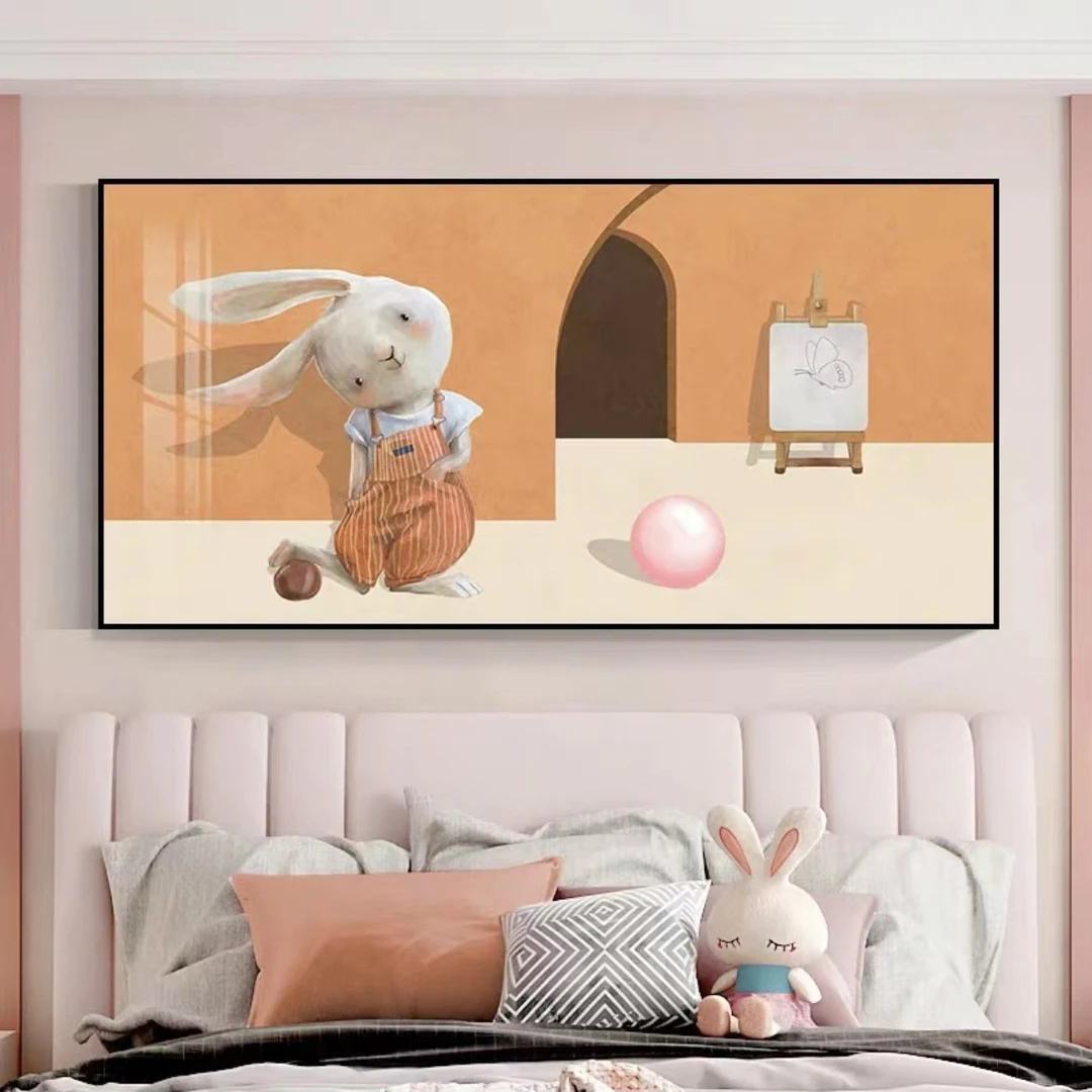 晶瓷装饰画歪头兔床头客厅卧室挂画 卧室床头儿童房壁画兔子60120