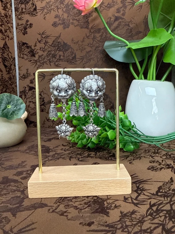 足银耳饰 小郑家纯银手工錾刻吞金兽耳饰