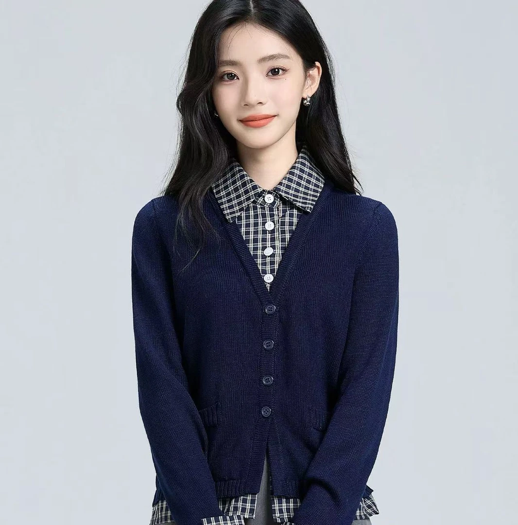 299  假两件针织开衫女春秋2025新款学院风显瘦长袖上衣A52