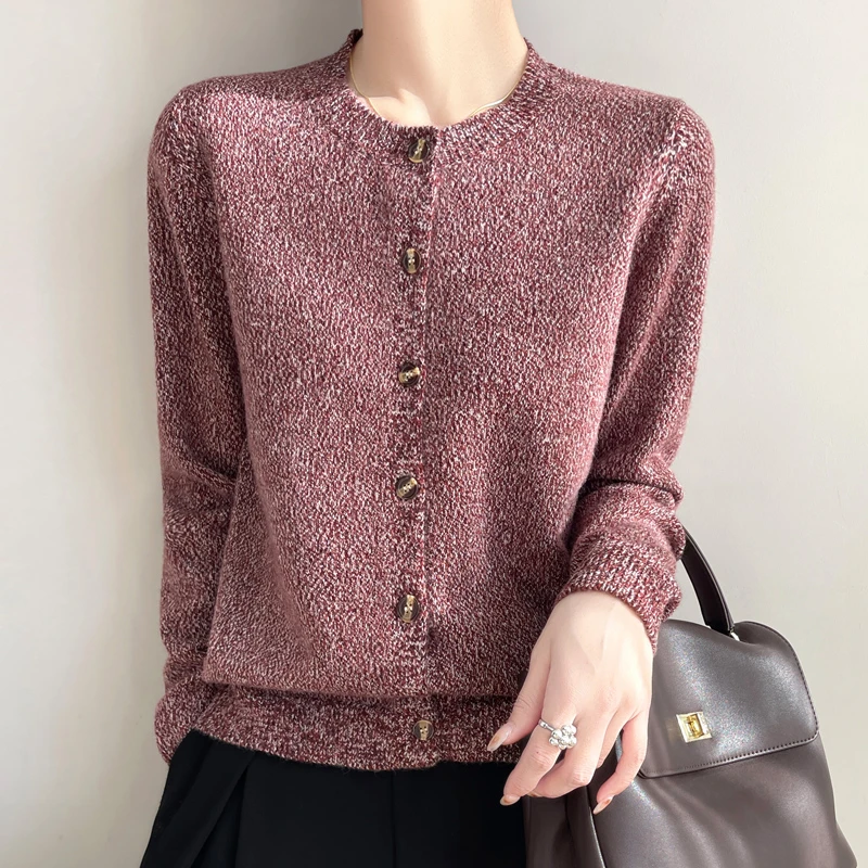 安迪绒花纱圆领春秋新款开衫女针织宽松休闲百搭外套