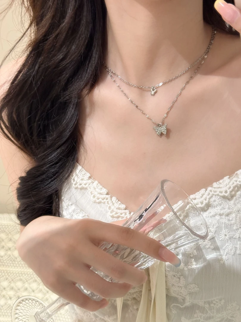 钛钢项链 双层气质蝴蝶项链配饰女叠戴锁骨链小众百搭颈链