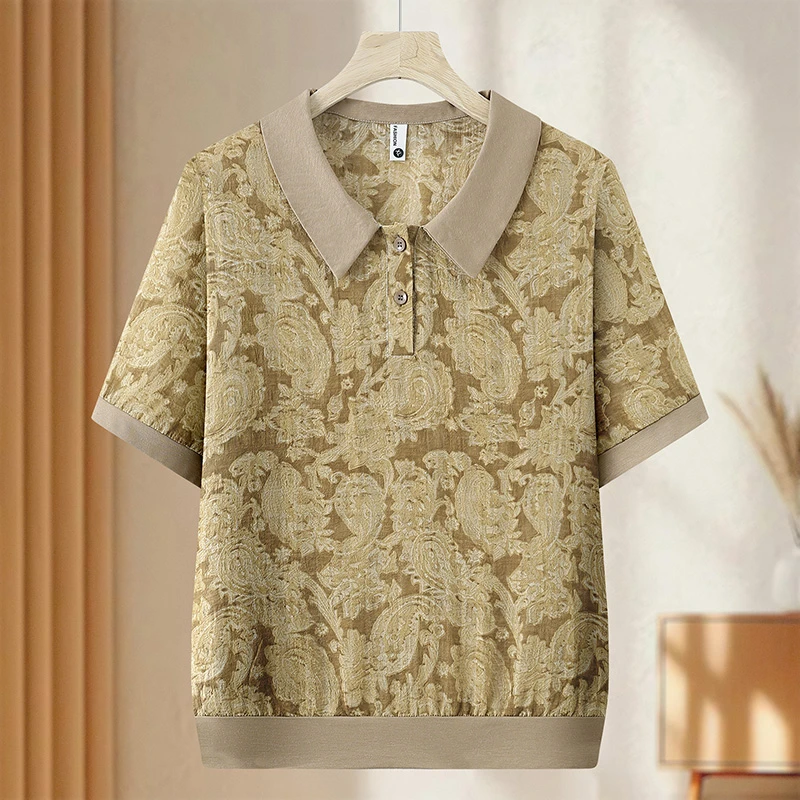 洋气妈妈装翻领T恤中老年女装夏季短袖上衣套装奶奶遮肉薄款衣服