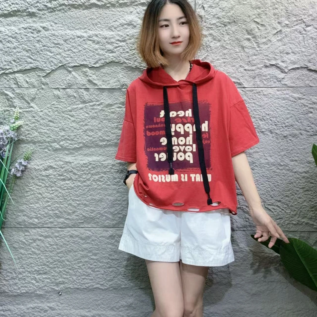 044夏季新款帽衫印花T恤宽松休闲大版百搭款破洞款